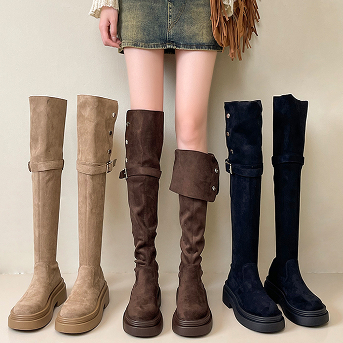 时尚复古两穿翻折厚底长筒靴子女2025年秋冬季新款粗跟过膝骑士靴