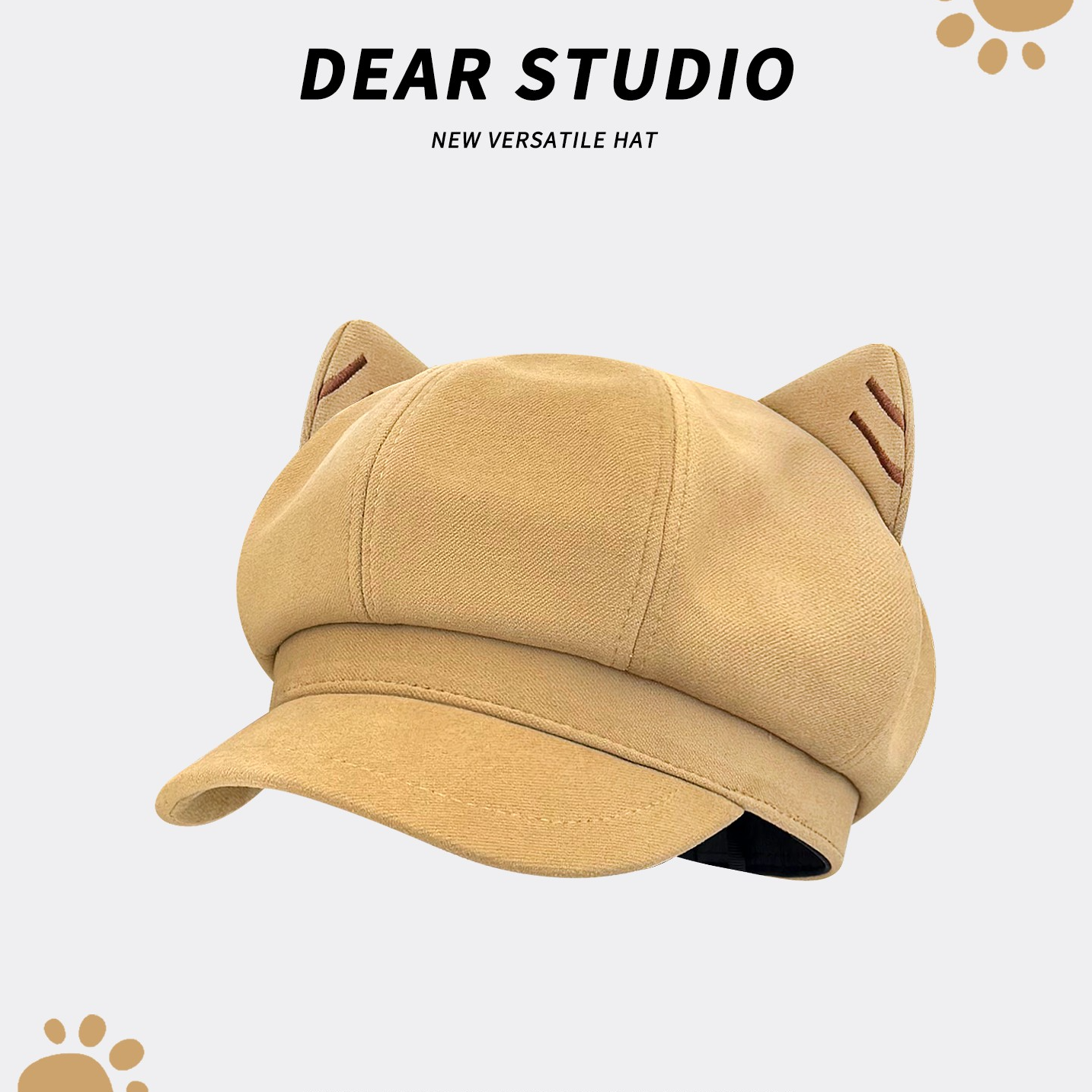 日系可爱毛呢猫耳朵贝雷帽女春秋百搭显脸小鸭舌报童帽八角帽子潮