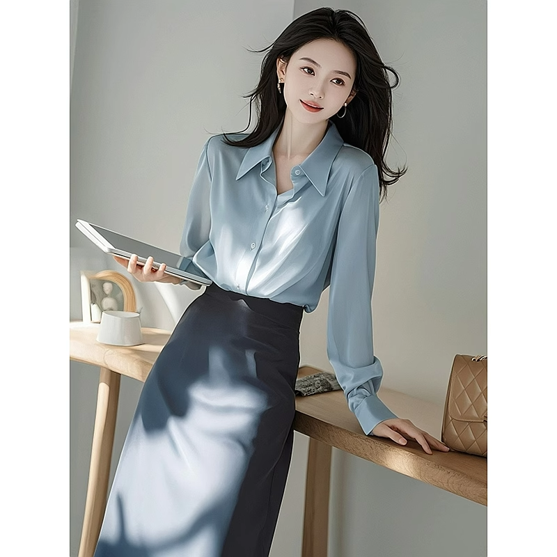 初秋上班通勤梨型身材穿搭高冷范气场强大女装蓝色衬衫裙子套装夏