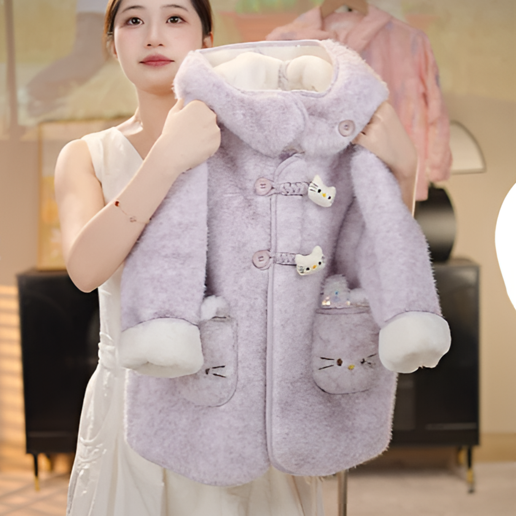 女童毛毛衣外套2025新款儿童秋冬季加厚皮毛一体围脖呢大衣冬装潮