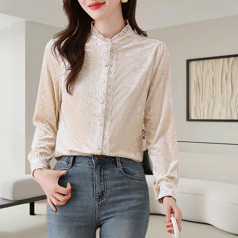 2025秋冬季新款女木耳领花边丝绒开衫温柔知性蕾丝法式气质上衣