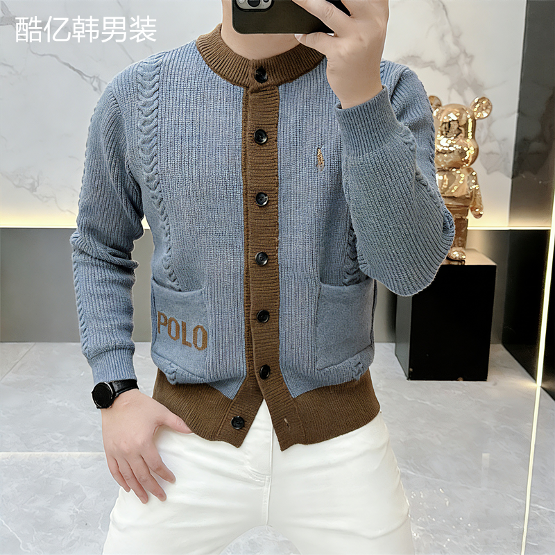 轻奢男装秋冬新款潮牌针织开衫外套男圆领修身时尚刺绣毛衣25008