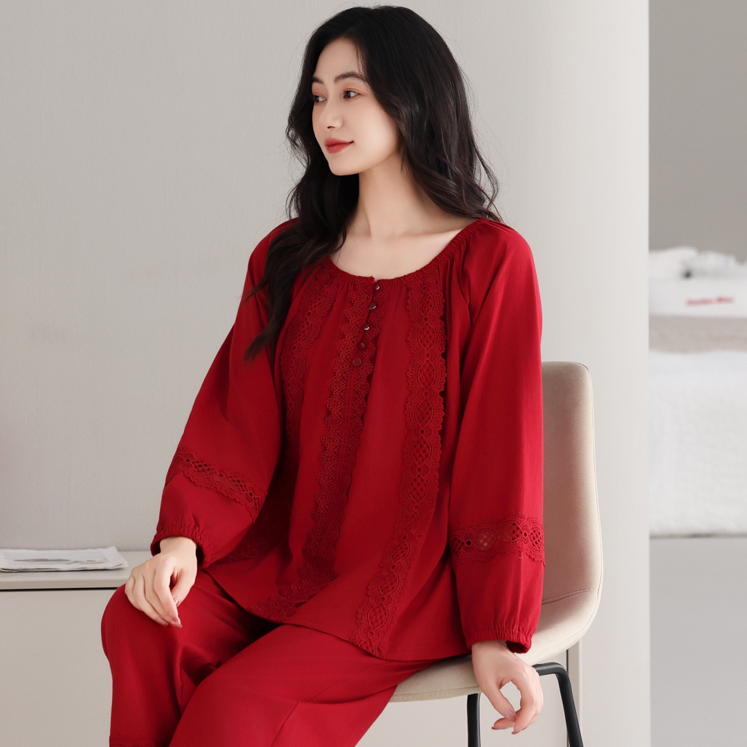 睡衣女款爆款2025新款套装纯棉春秋女士大码红色酒红本命年家居服