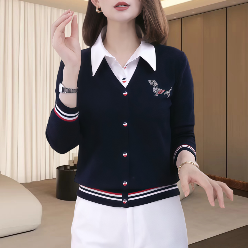 英伦风重工烫钻小狗假两件衬衫领针织衫女秋季新款高级感气质上衣
