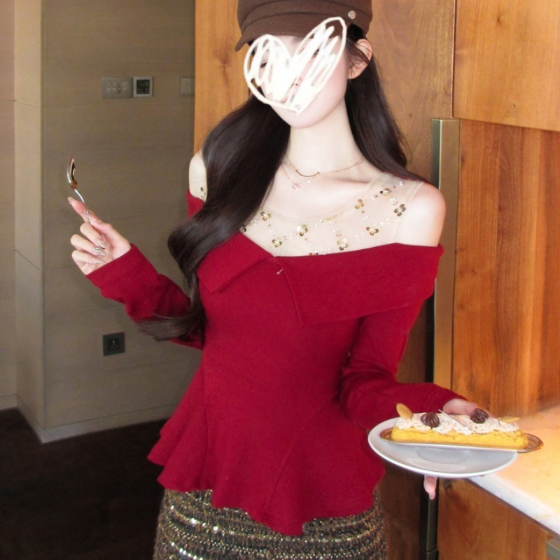 韩系纯欲风网纱拼接长袖T恤女2025秋冬新款精致时尚修身内搭上衣