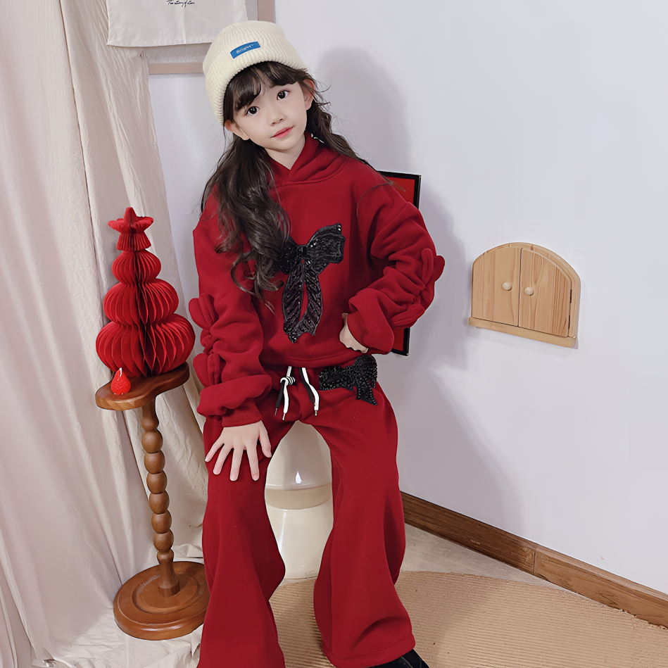 女童秋冬款套装2026新款加绒加厚蝴蝶结连帽卫衣卫裤反季韩范衣服