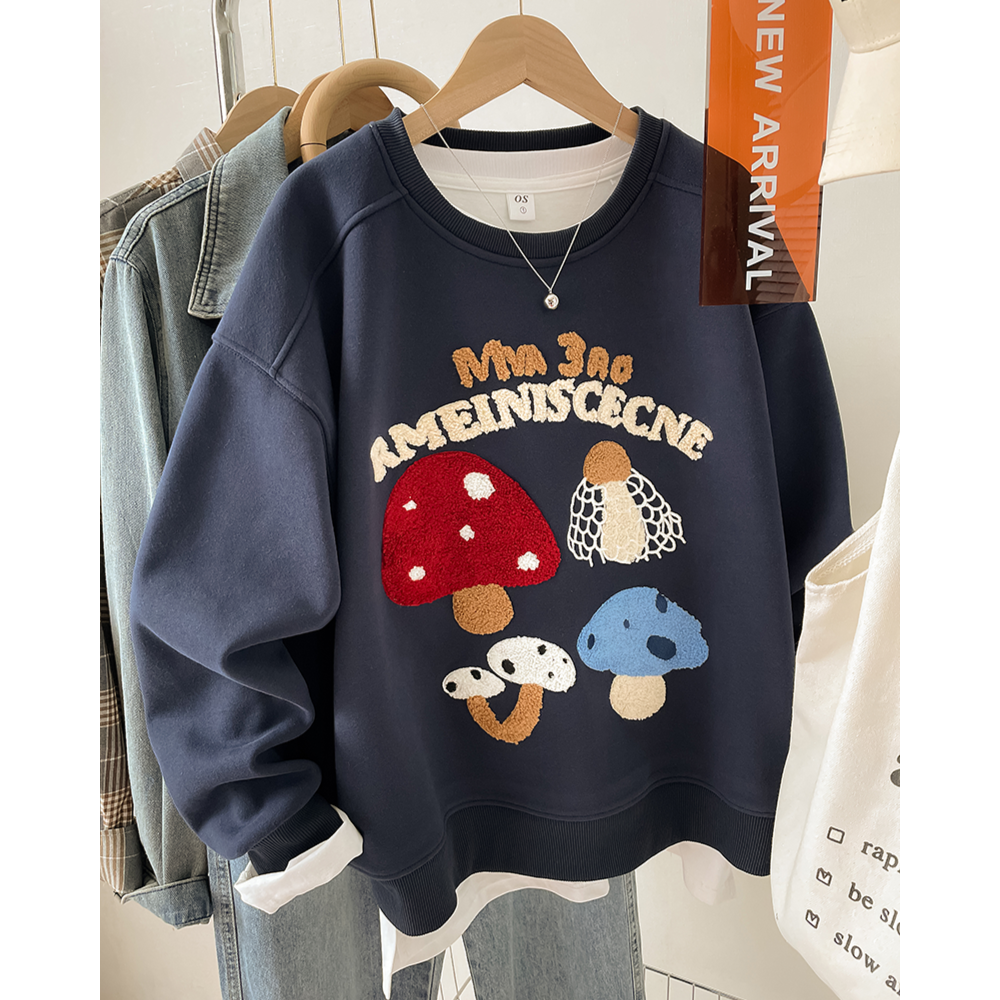 美式复古爆款设计感蘑菇刺绣卫衣女2025新款宽松休闲胖mm圆领