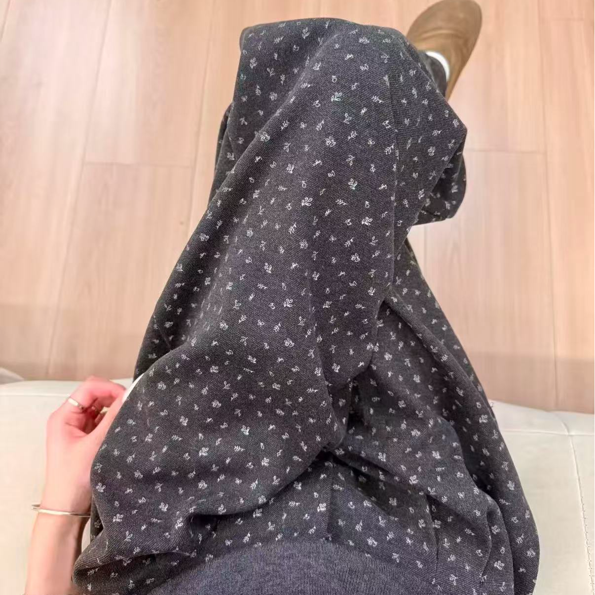 2025秋冬新款加厚碎花阔腿裤微弹慵懒风休闲百搭呢子裤女