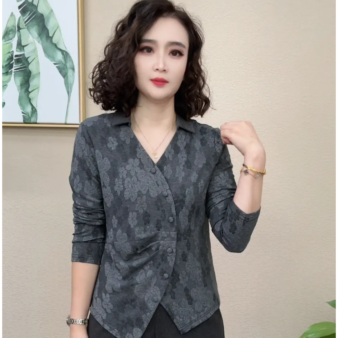 2025秋季新款气质时尚洋气扎染翻领印花长袖设计感女士上衣#74152