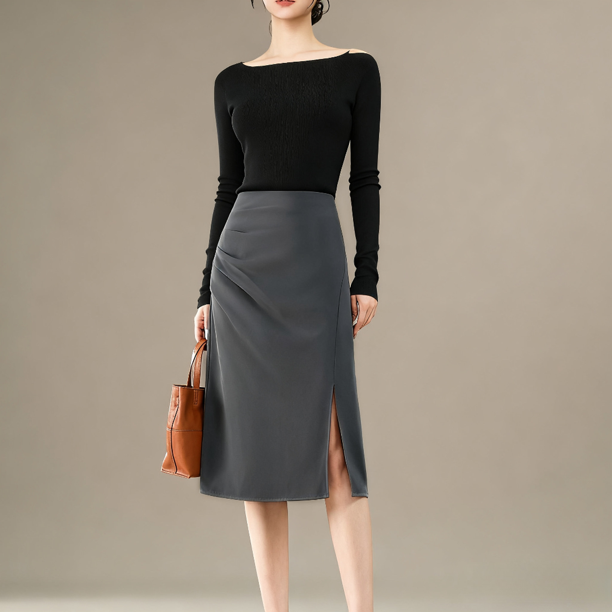 秋季中长款开叉半身裙女2025新款高腰设计感显瘦一步裙褶皱包臀裙