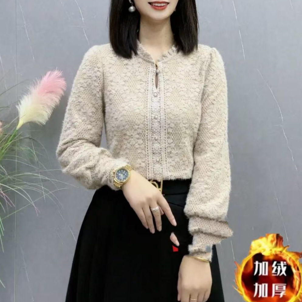 BX1586秋冬新款加绒加厚花边领长袖时尚显瘦减龄百搭上衣