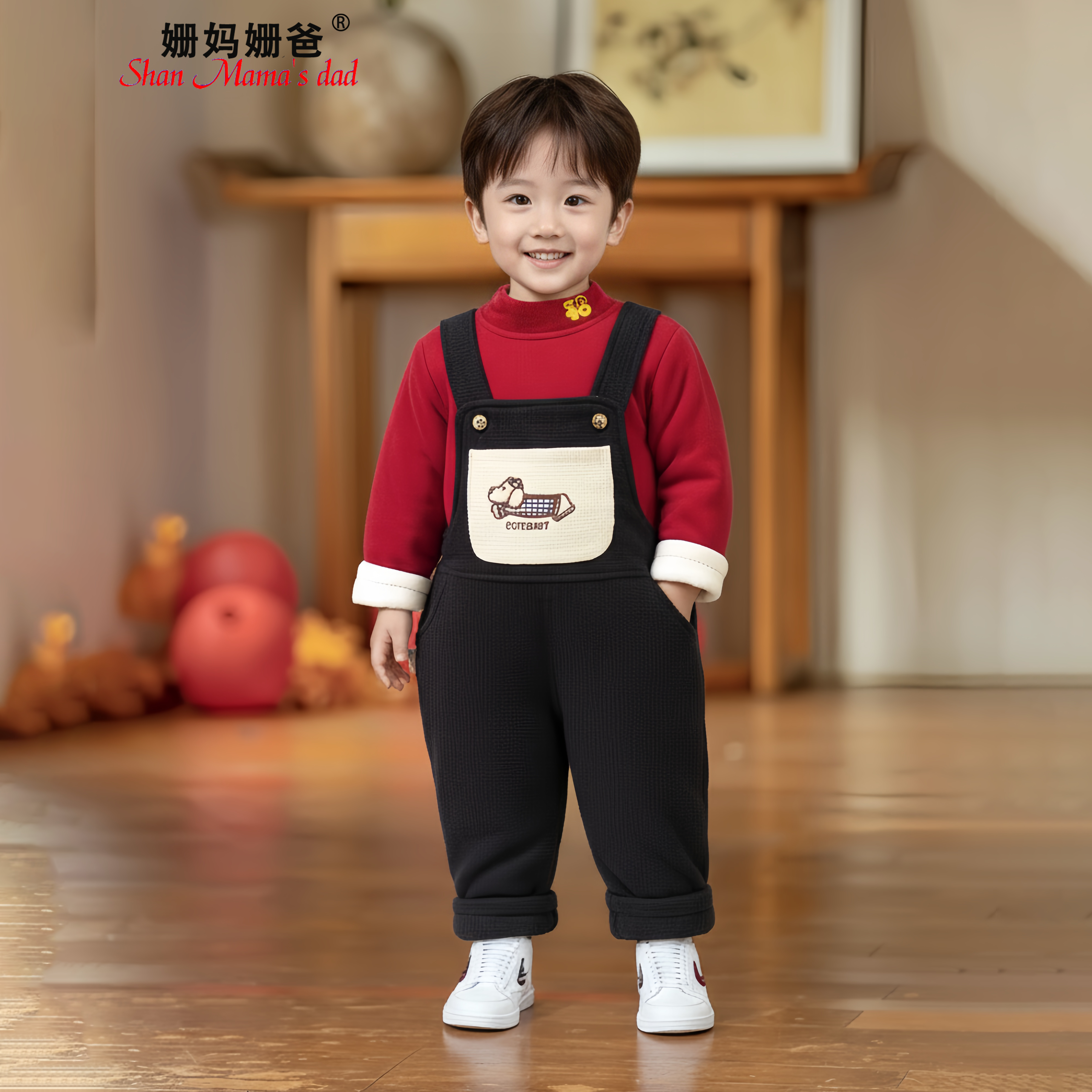 姗妈姗爸宝宝背带棉裤冬季中厚薄棉黑色时尚婴儿休闲背带裤可开档