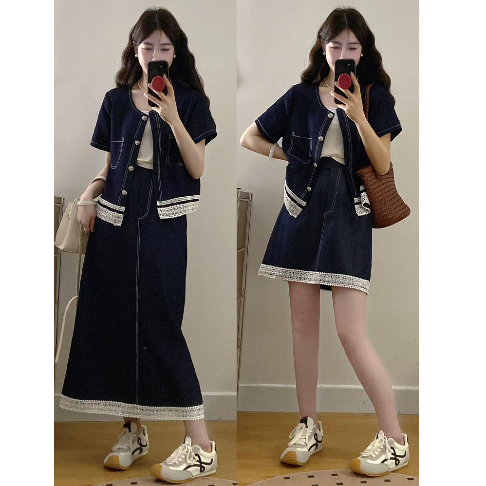 大码胖mm夏季新款拼接蕾丝外套+高腰半身裙两件套