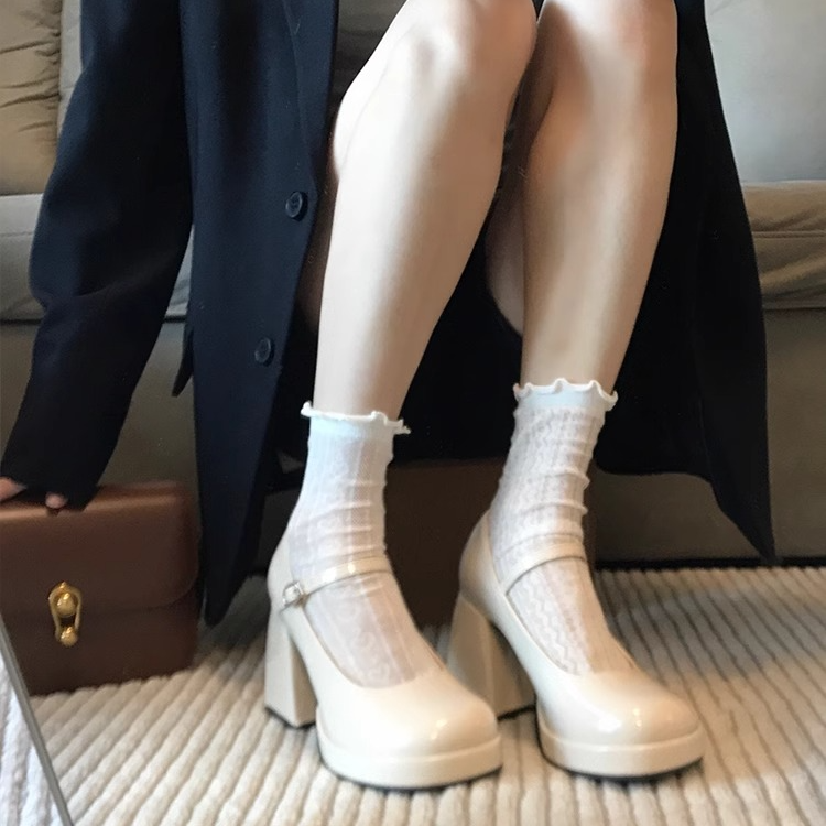 meichen/美晨白色玛丽珍女鞋防水台带粗跟单鞋高跟鞋女婚纱伴娘鞋