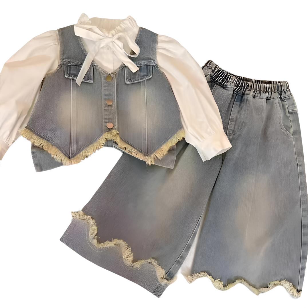 女童春秋季套装2025新款儿童休闲牛仔马甲衬衫秋季牛仔裤三件童装