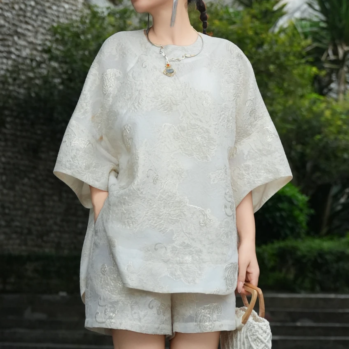 1388新中式提花蝙蝠袖夏季国风短裤两件套装圆领短袖上衣短裤套装