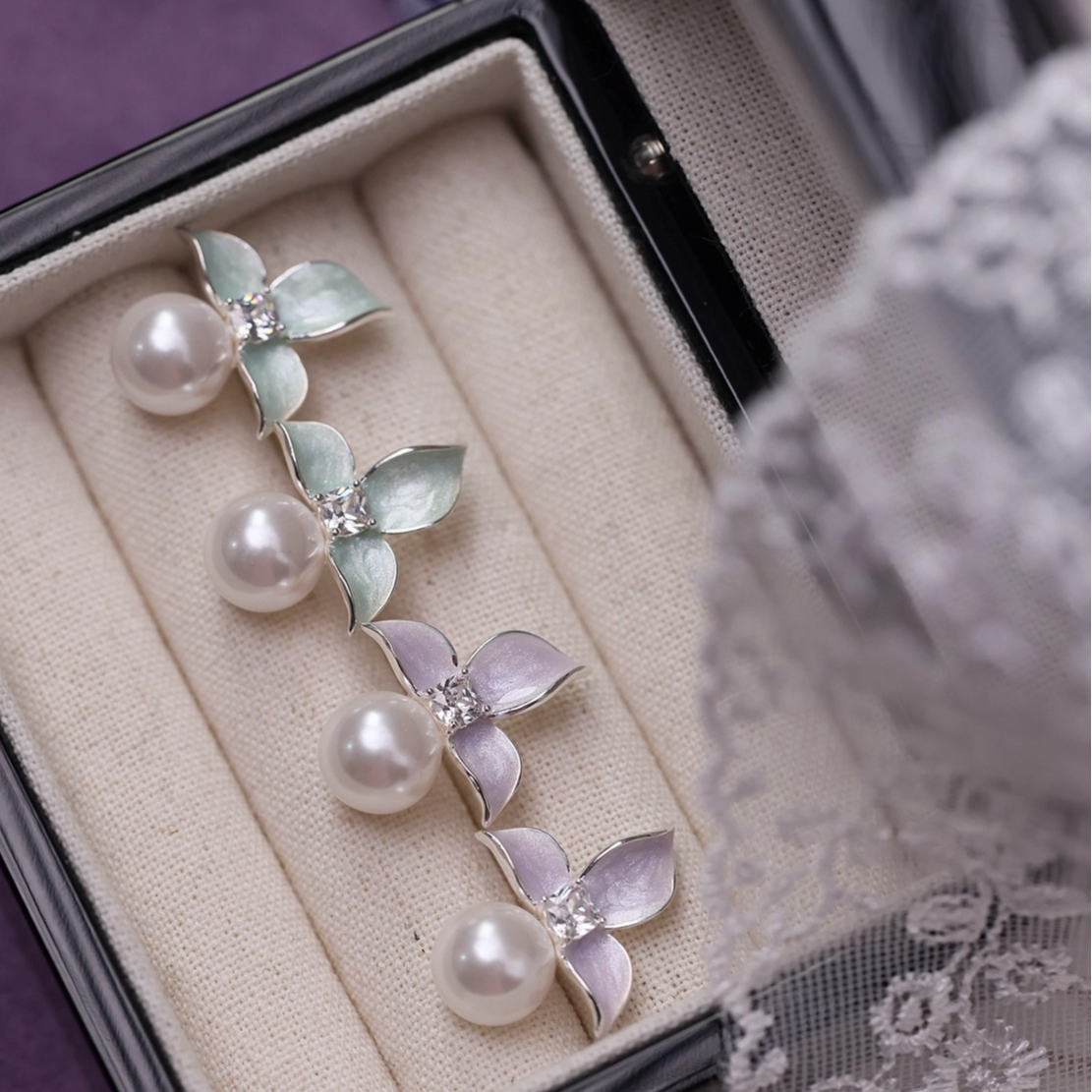 合金耳饰 法式温柔渐变花朵珍珠薰衣草紫薄荷绿耳钉耳饰森系甜美