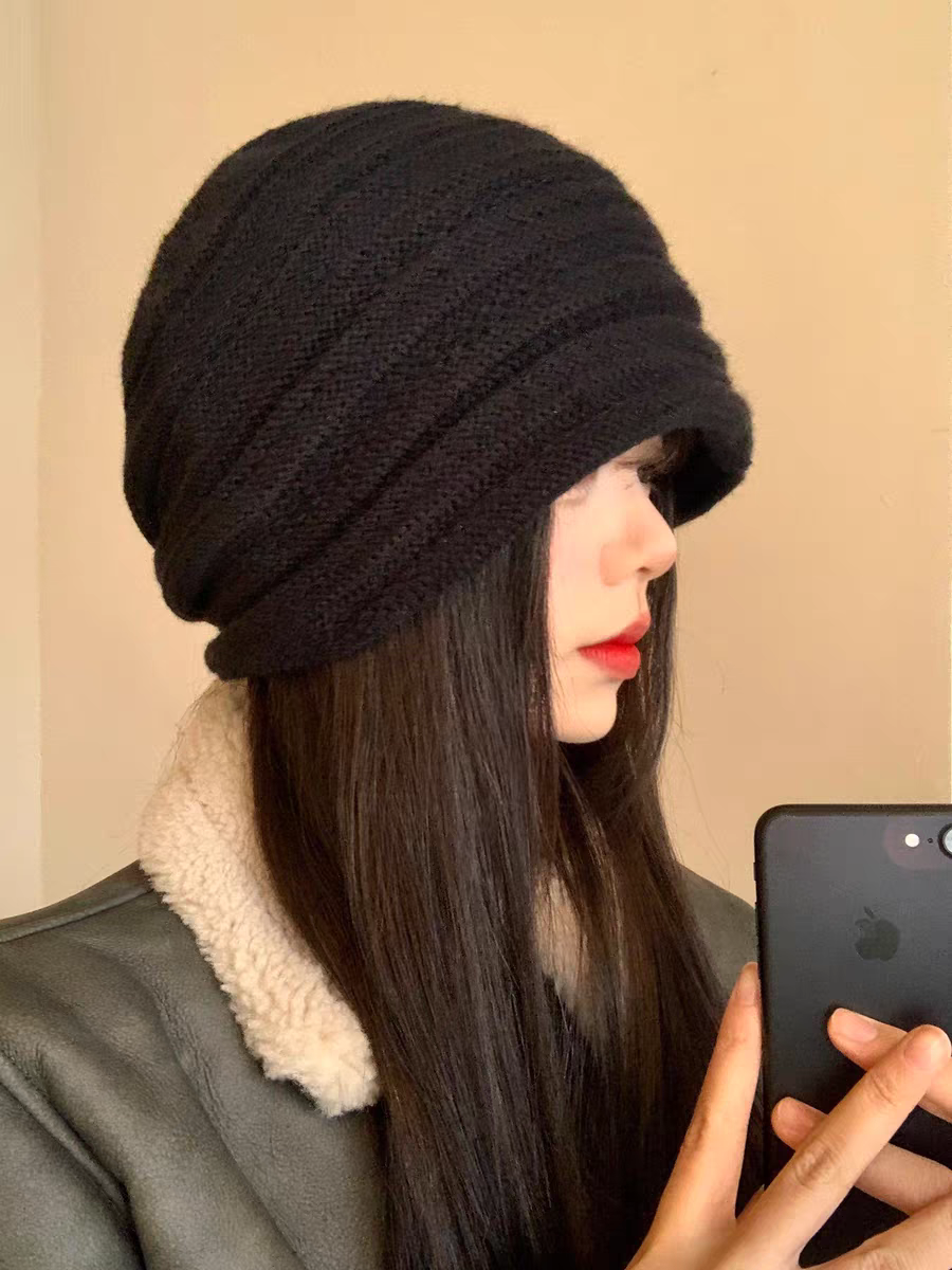 2025新款含羊毛针织包头帽子女冬季百搭褶皱堆堆帽保暖防寒显脸小