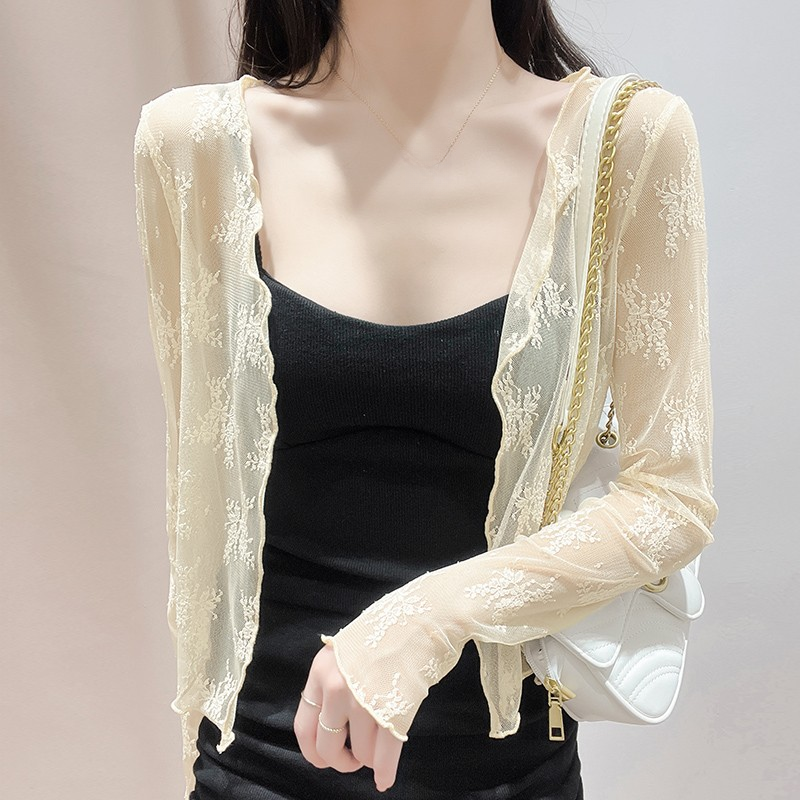 吊带连衣裙外搭罩衫女夏季短款防晒网纱披肩杏色薄款蕾丝镂空上衣