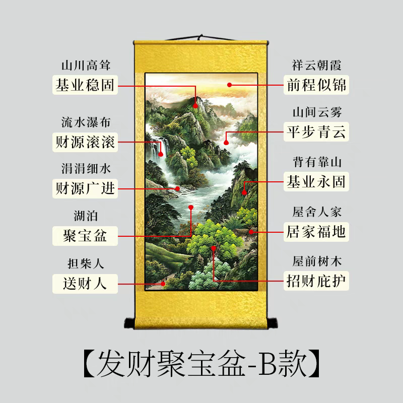 竖版办公室风景装饰字画入户玄关西墙聚财山水画客厅风水挂画靠山