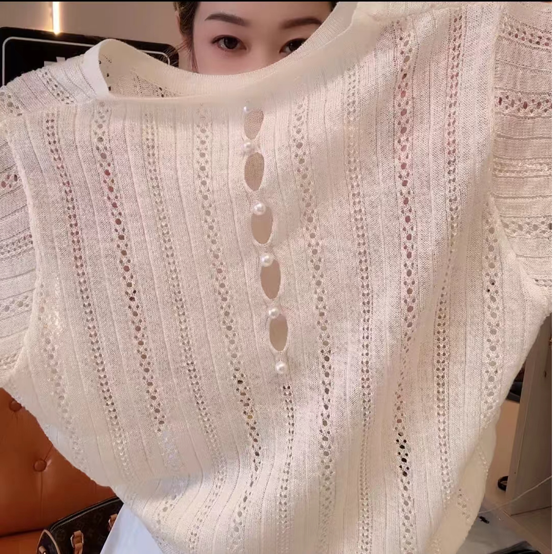 夏季高档针织半袖后背珍珠缕空遮肚显瘦洋气百搭衫T恤女减龄上衣