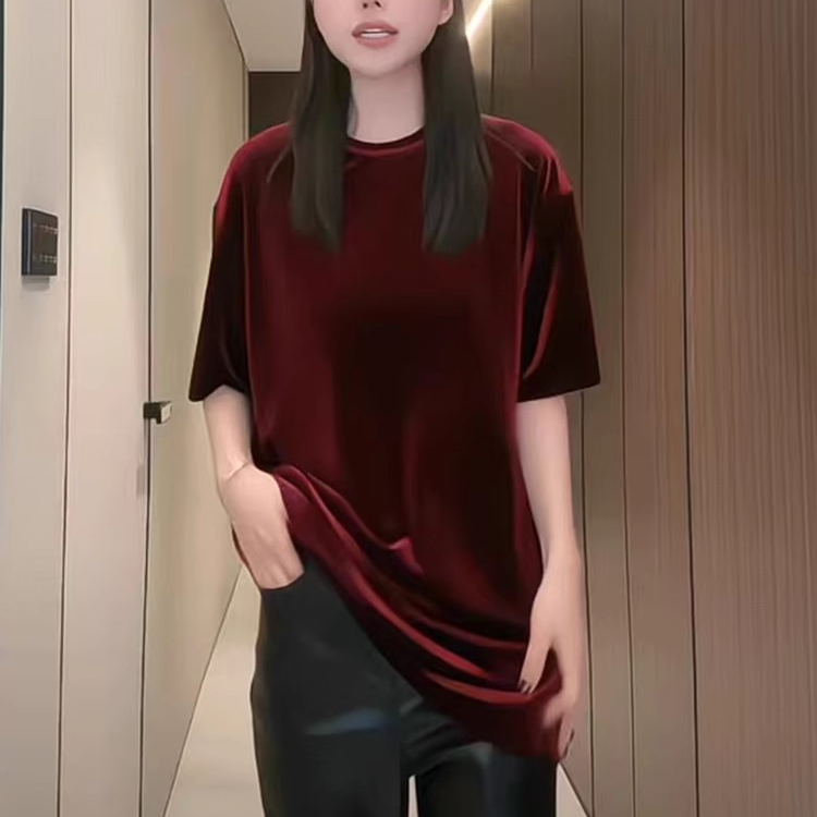 胖MM丝绒半袖T恤衫女2025年春季新款中长款休闲百搭纯色打底上衣