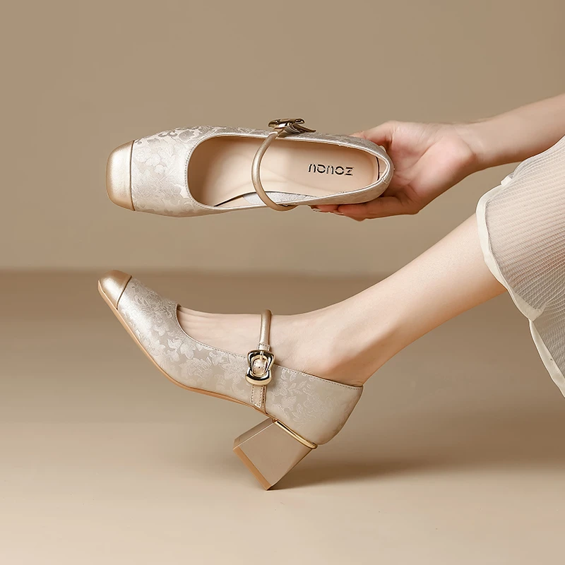 5cm软底真皮法式粗跟鞋女方头一字带玛丽珍气质百搭新中式单鞋