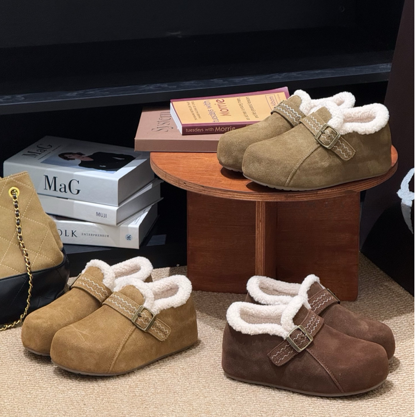 勃肯鞋女2025新款秋冬季复古厚底懒人内增高加绒加棉休闲保暖单鞋