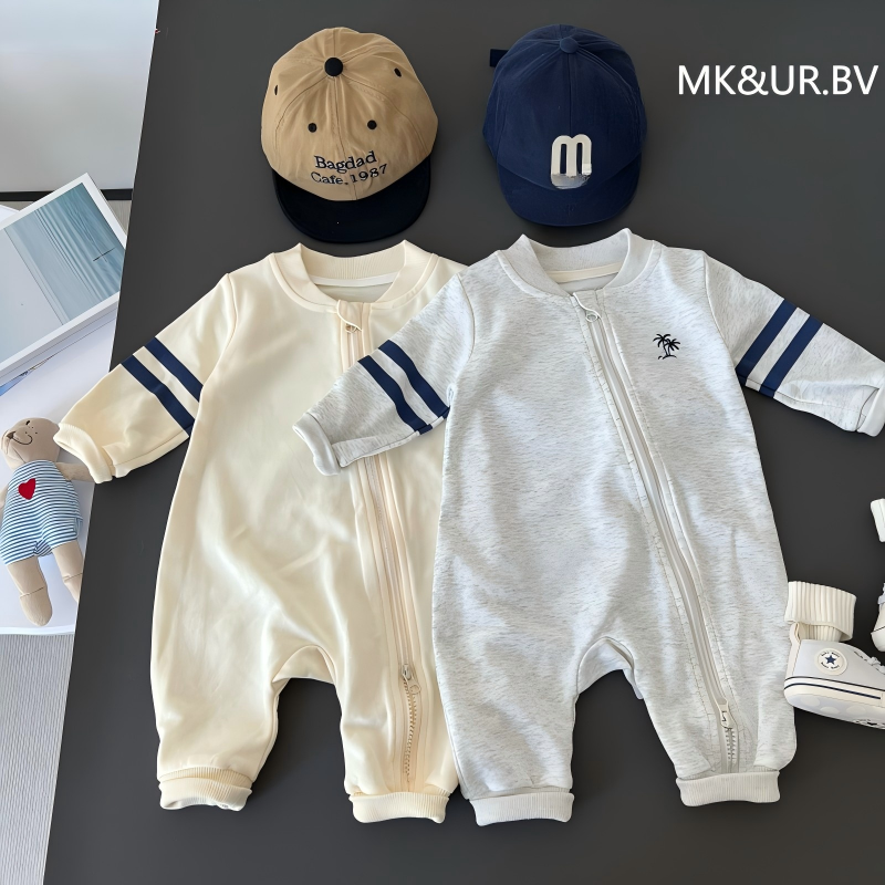 MK&UR.BV新生儿春秋男宝宝棒球领长袖连体衣婴儿长袖哈衣外穿爬服