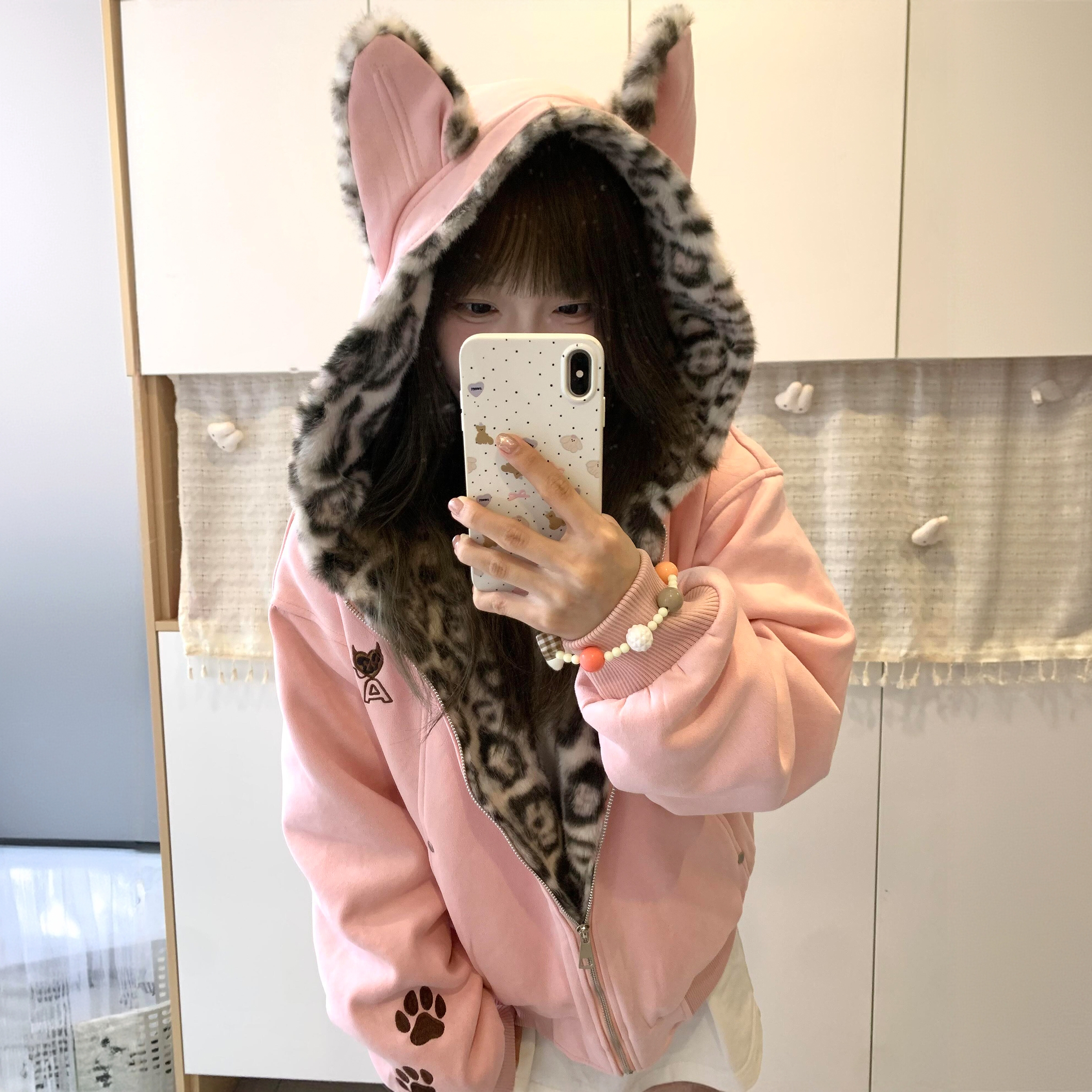 兔耳座山雕可爱粉色棉衣秋冬棉服保暖厚外套麂皮加绒豹纹连帽棉袄