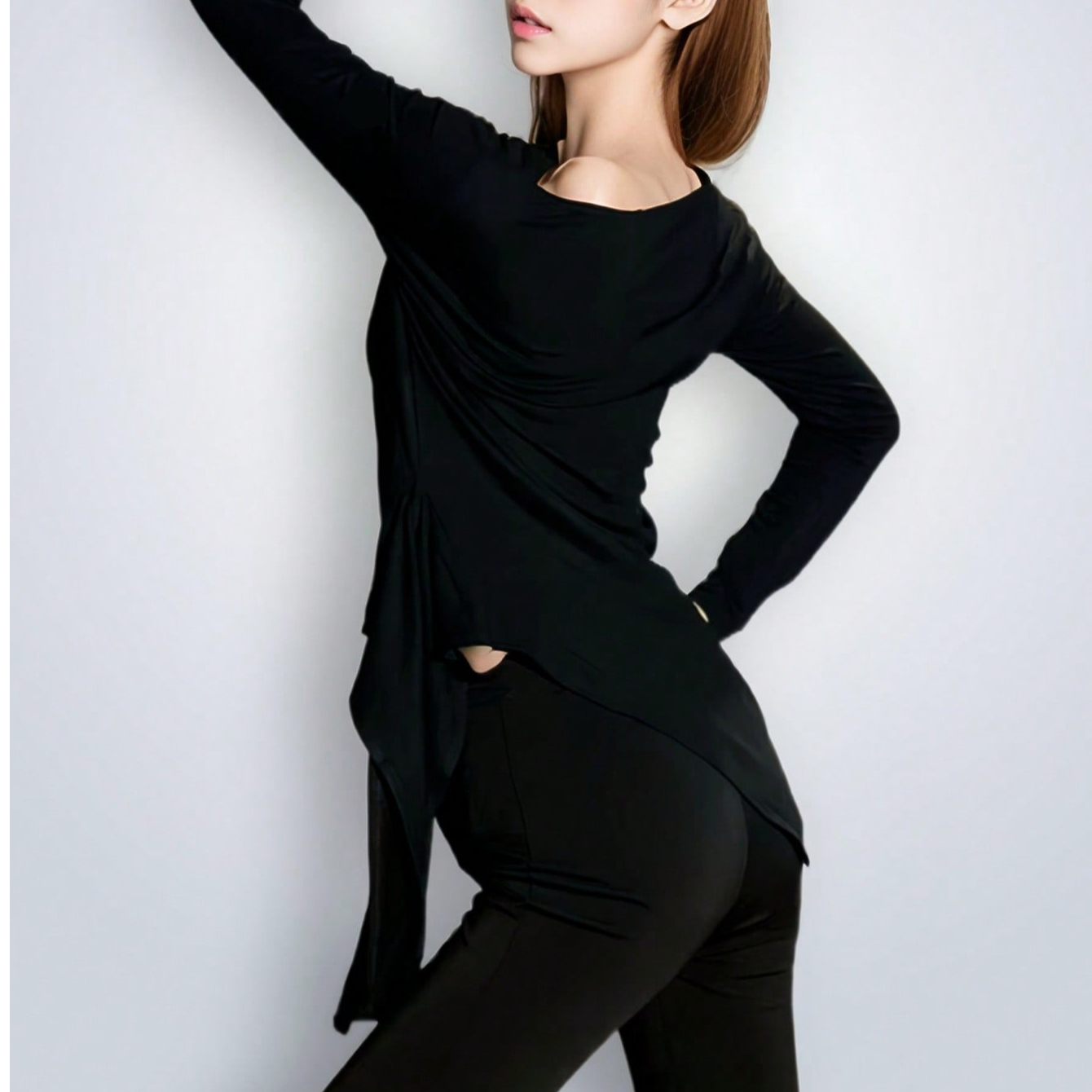 xisaa品牌气质拉丁舞服新款长袖练习系带遮肉显瘦黑宽松上衣S122