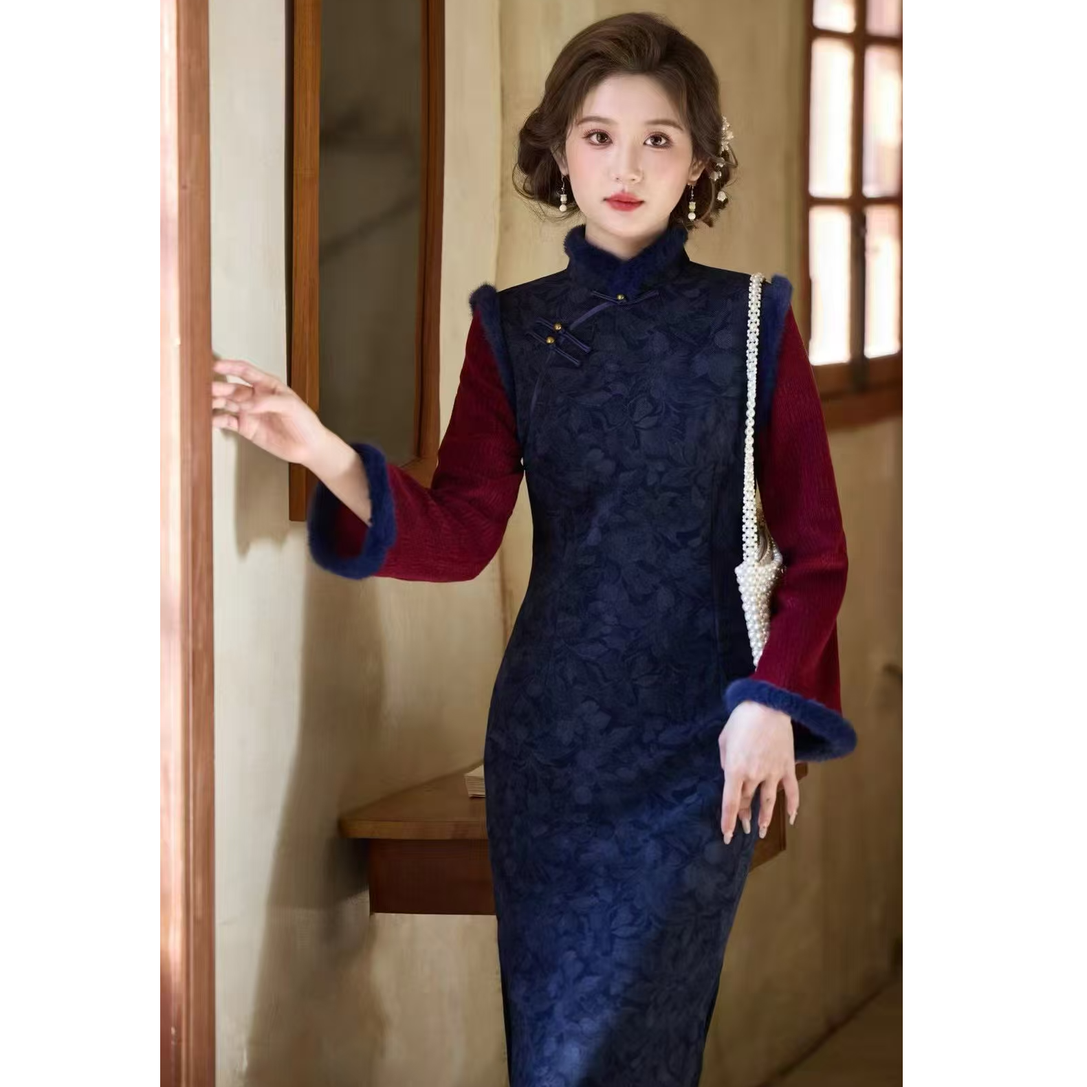 苏故里【南枝杜绝】新款冬季加绒修身显瘦气质改良新中式旗袍中长