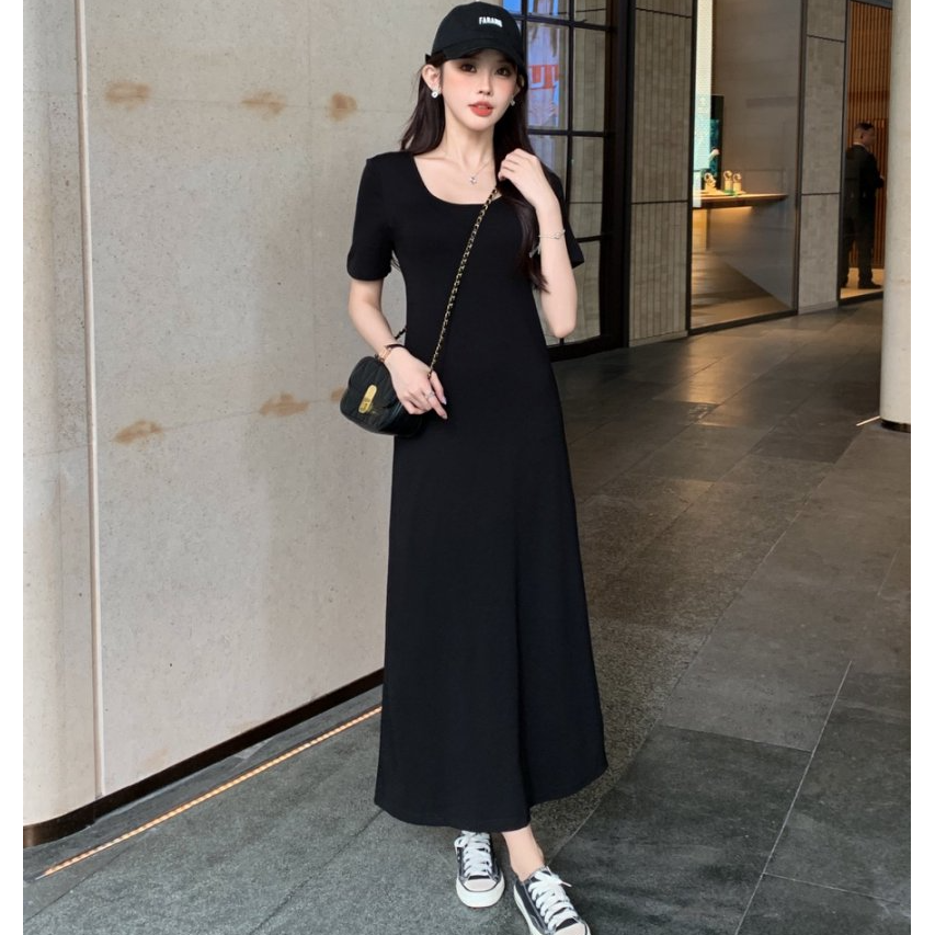 温婉大方衣服时尚宽松休闲慵懒风显瘦长款a字小黑裙外出洋气裙子