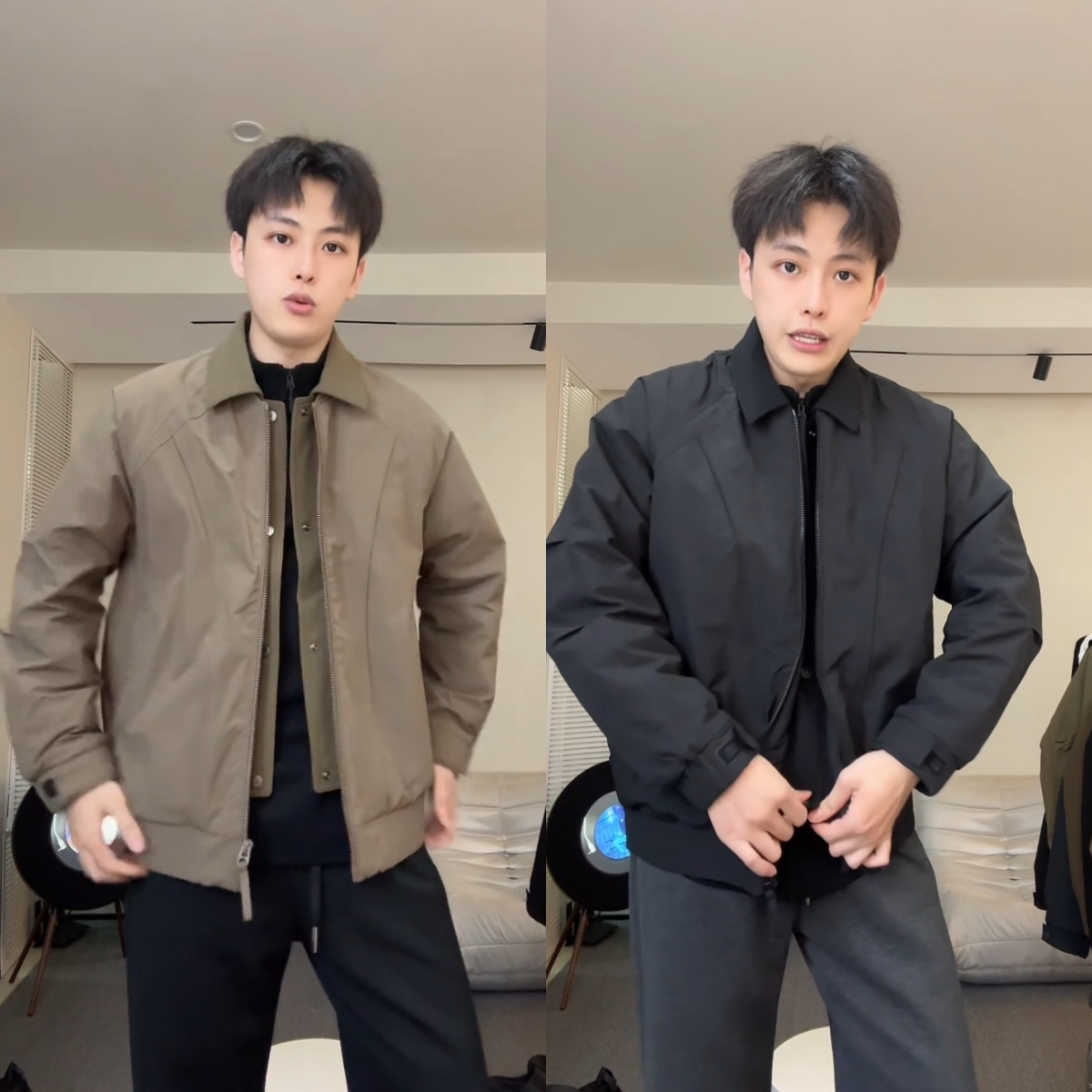 简约潮流假两件拼接解构设计翻领棉衣外套休闲百搭男士夹克棉服