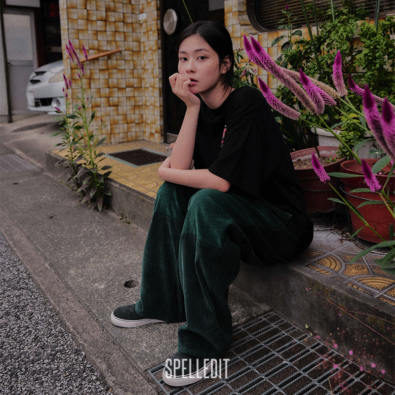 SPELLEDIT2025冬季新品灯芯绒拼接休闲裤复古宽松阔腿直筒长裤女