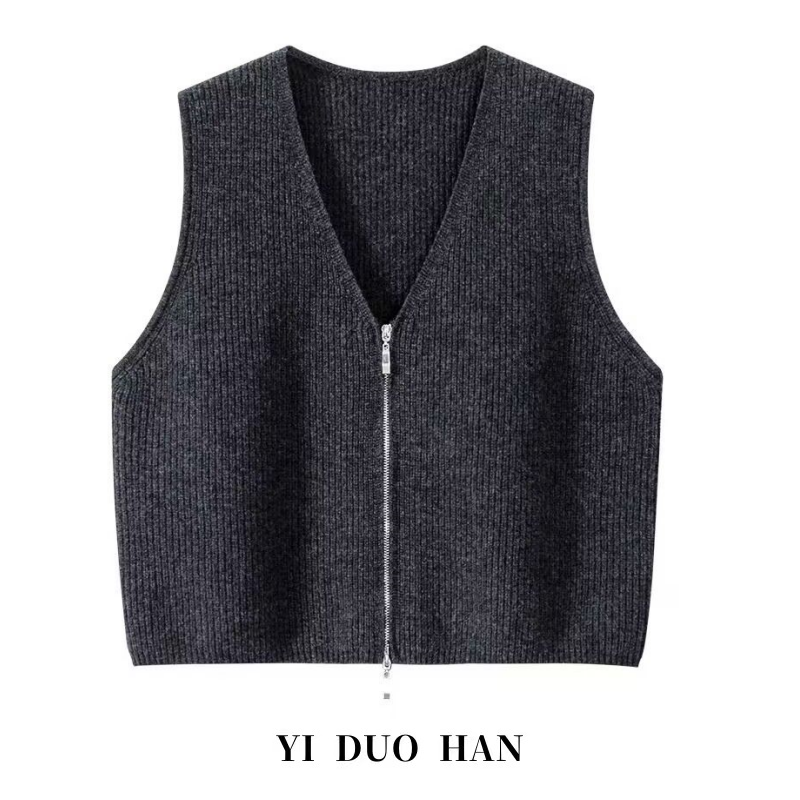 品牌折扣短款拉链马甲针织开衫背心女2025新款春外穿V领毛衣坎肩