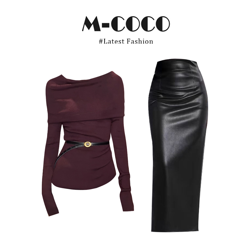 parkyeon韩系紫色一字肩针织衫长袖上衣包臀修身半身裙早秋套装