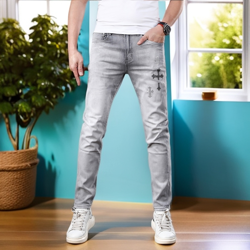 娜罗普西时尚烫钻修身牛仔裤男潮牌百搭小脚休闲灰色裤子夏季薄款