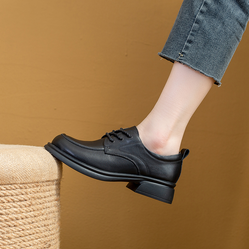 头层牛皮2025春秋软底复古圆头平底舒适透气百搭英伦风休闲女鞋