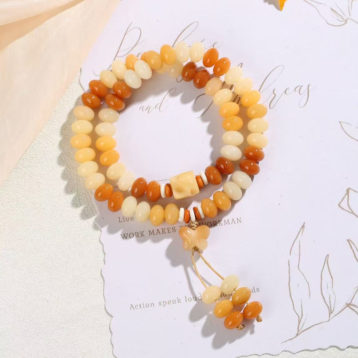 金杏蝶影 菩提双圈手串6*9mm算盘珠渐变色风化黄菩提根文玩珠串