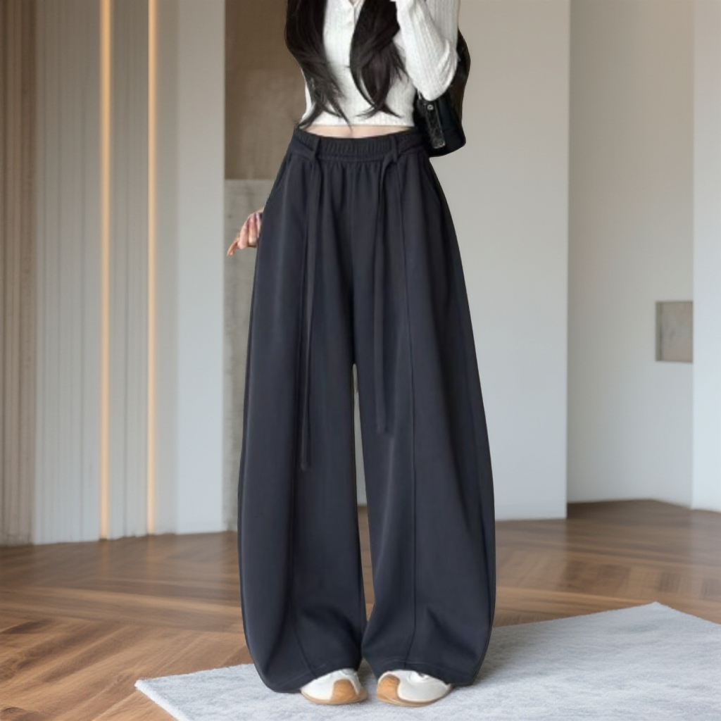 黑色复古弯刀加绒卫裤女冬垂感2025新款高腰显瘦阔腿裤宽松休闲拖