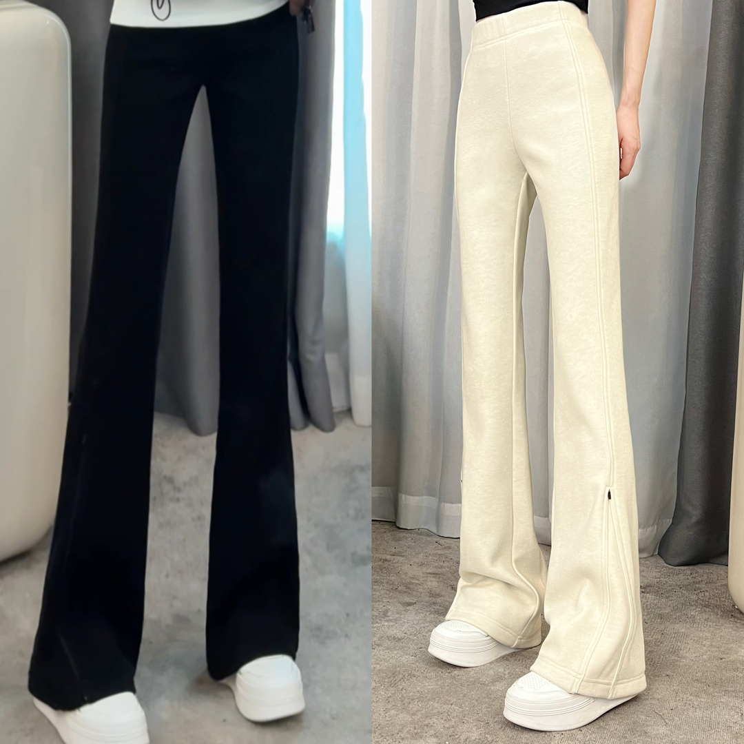 2025秋冬新款超模裤极寒厚绒两穿拉链显瘦加厚设计感加绒微喇裤女