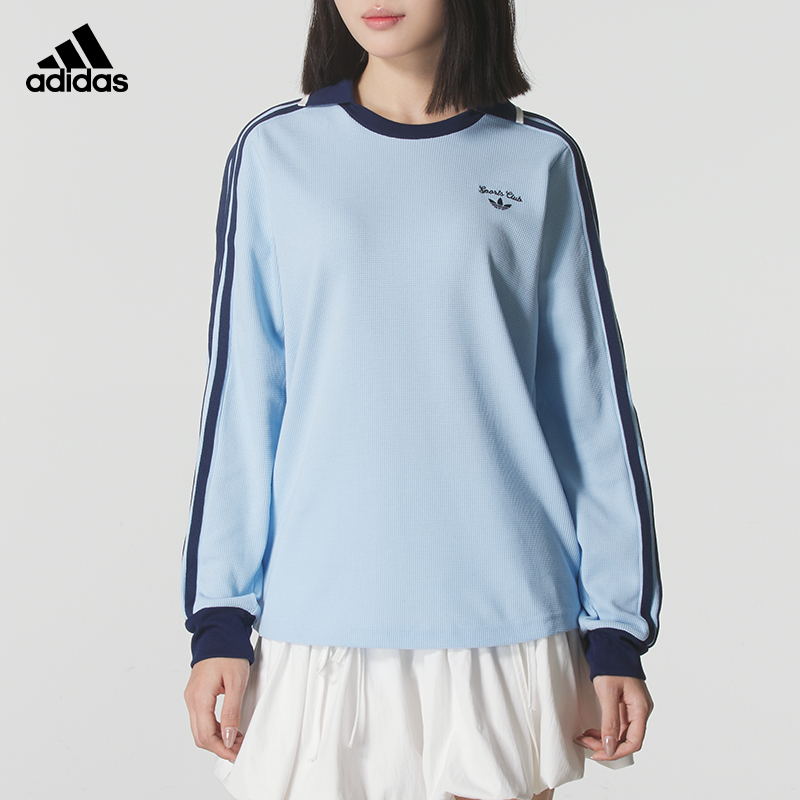 阿迪达斯三叶草长袖POLO衫女2025新款华夫格套头衫运动服JM8011