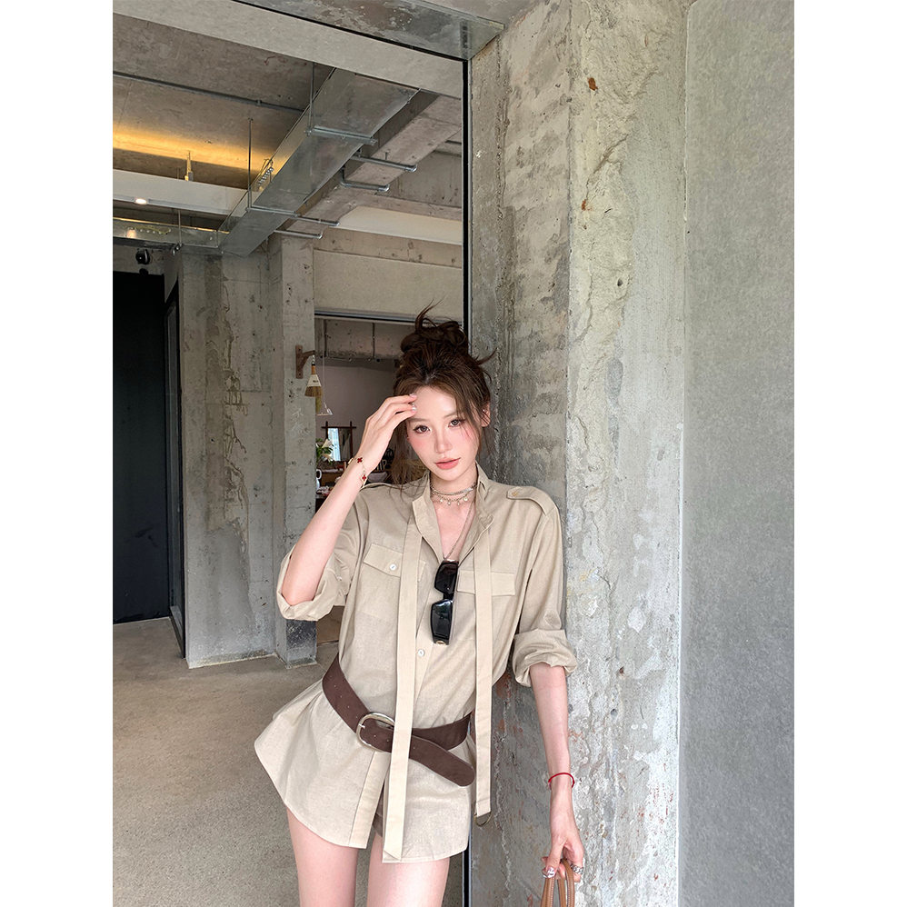 卡其色御姐风V领系带衬衣女早秋新款轻奢辣妹复古百搭长袖上衣