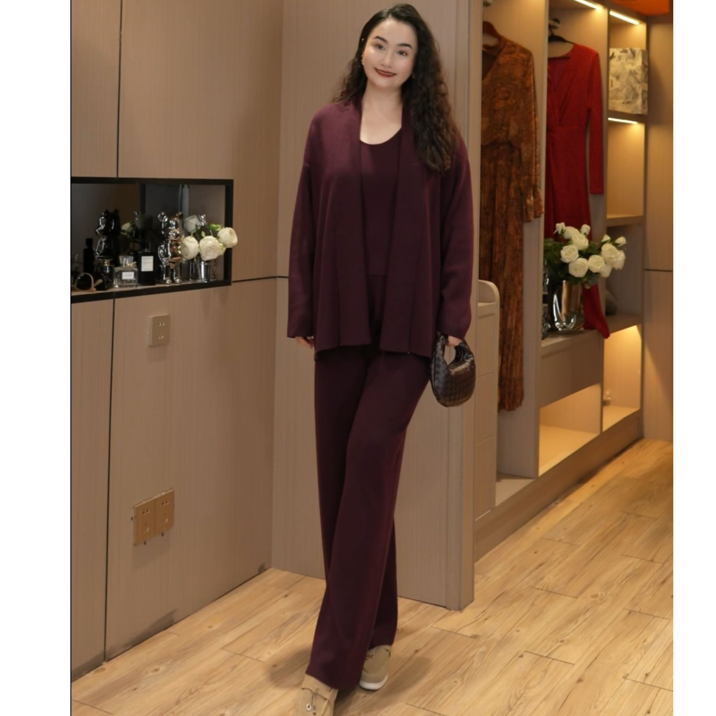 （三件套）秋冬复古慵懒风针织开衫+针织吊带+阔腿裤针织套装