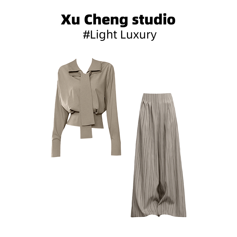 Xu Cheng酷飒风女装高级感系带气质显瘦长袖衬衫条纹阔腿裤套装
