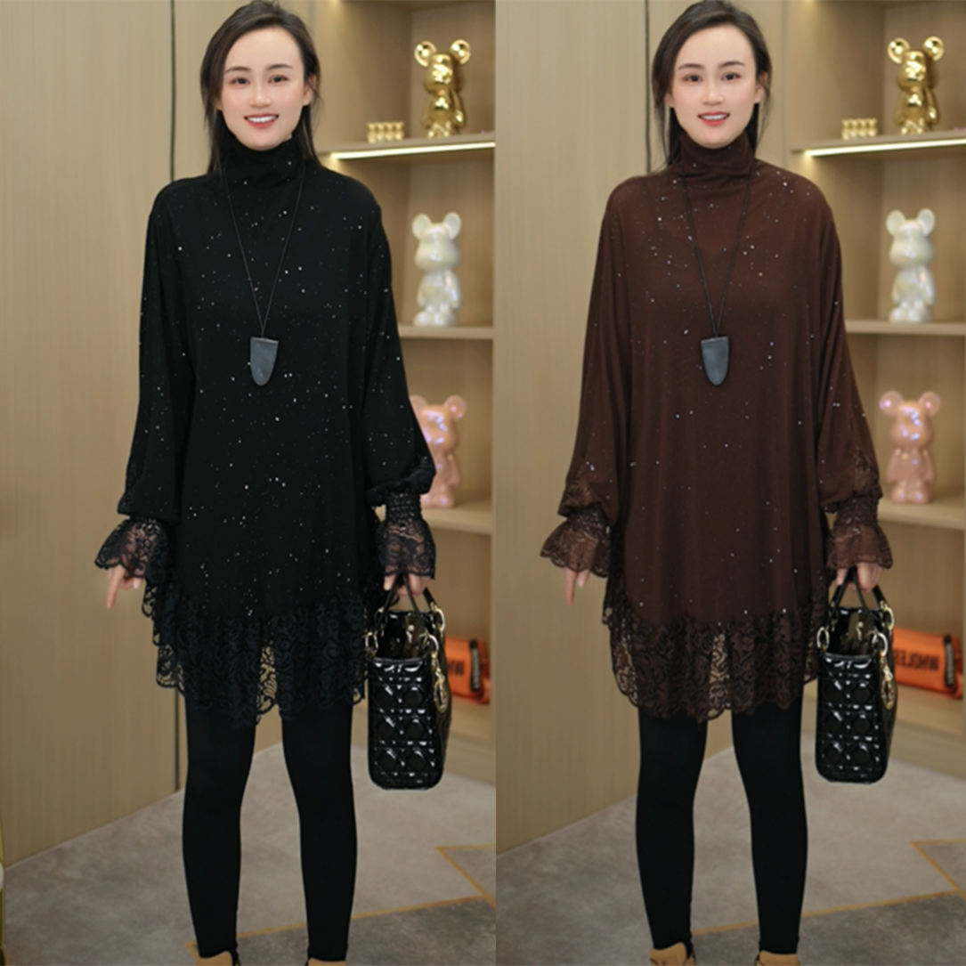 秋季新款  亮晶晶拼接蕾丝打底衫洋气百搭减龄遮肉显瘦圆领上衣