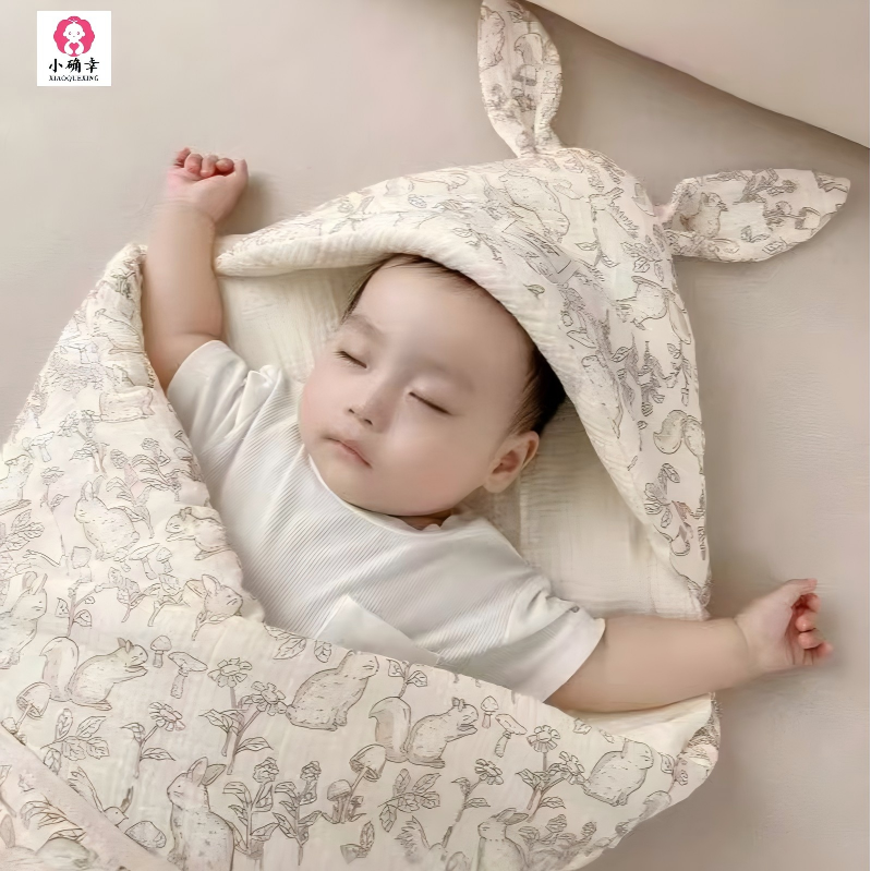【纯棉包被】婴幼儿皱皱纱夹棉带帽防惊跳包被
