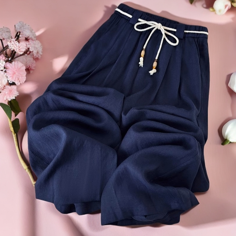 藏青色亚麻直筒阔腿裤子女2025新款夏季薄款天丝棉麻垂感宽松长裤