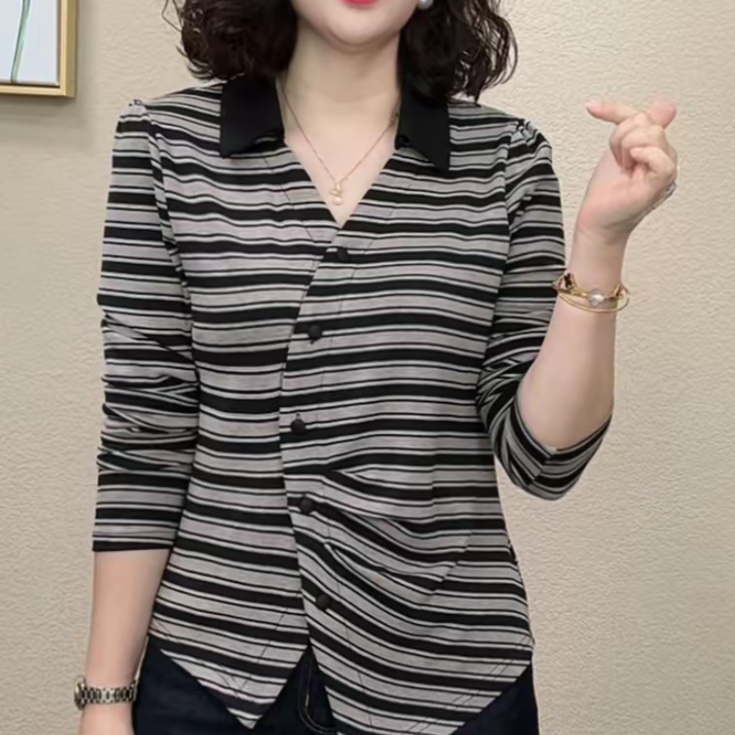 秋季新款时尚洋气短袖T恤显瘦减龄设计感不规则条纹休闲百搭上衣